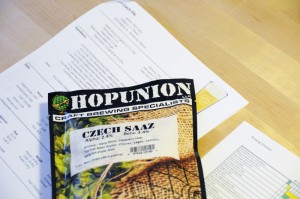 Hop Union Czech Saaz leaf hops packaged in one ounce nitrogen purged opaque bags.