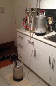 Utilizing C02 and a jumper line to transfer beer keg to keg during the freeze-concentration.